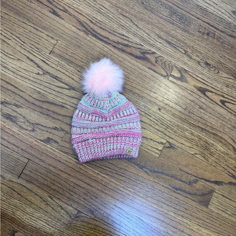 Kids D&Y Pink and Gray Knit Beanie with Pom Pom
